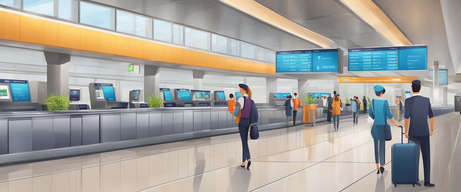 Egy fapados légitársaságnál az utasok kiszolgálása. Mutassa be a check-in pultokat, a beszállókapukat és a poggyászkiadó területet. A kényelmi szolgáltatások és az ügyfélszolgálat jelzései