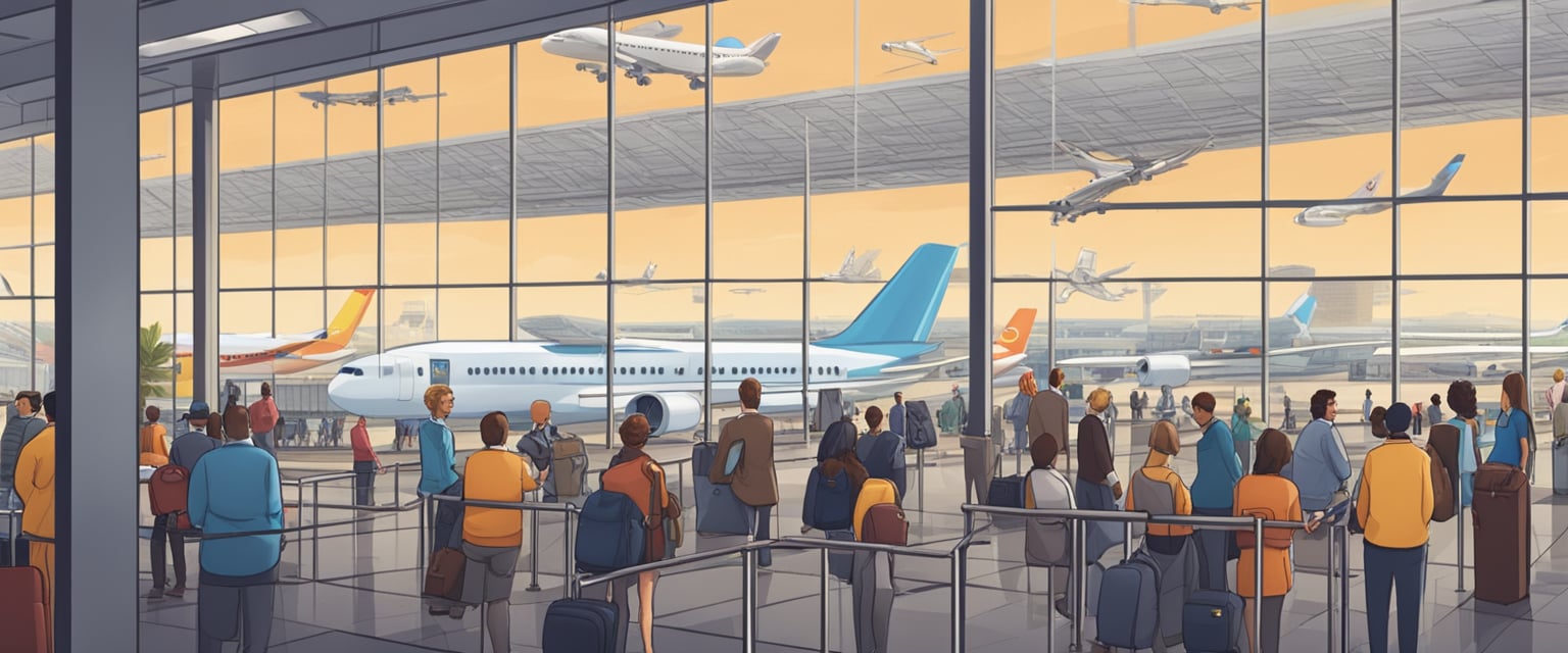 Egy forgalmas repülőtéri terminál, ahol az emberek sorban állnak a jegypénztáraknál és az indulási várószékekben ülnek, miközben repülőgépek szállnak fel és le a kinti kifutópályán.